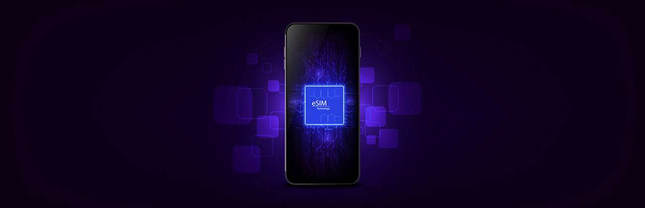 What is eSIM - mobile phone with eSIM symbol in dark mode against techy background
