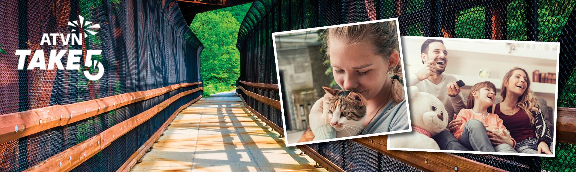 ATVN take 5 with image of girl with cat and family watching tv