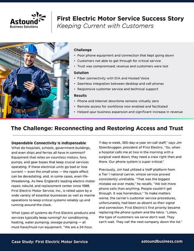 First Electric Motor Service case study cover: man checking info on a tablet in an industrial setting.