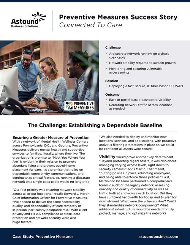 Preventive Measures case study cover: coworkers talk while looking at a computer in the office.