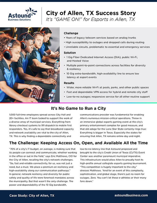City of Allen, TX case study cover: focused gamers at an immersive esports tournament event.