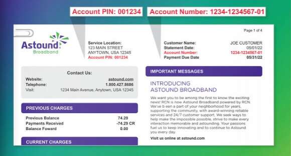 Step 1: Account number and pin locations at the top of your Astound bill