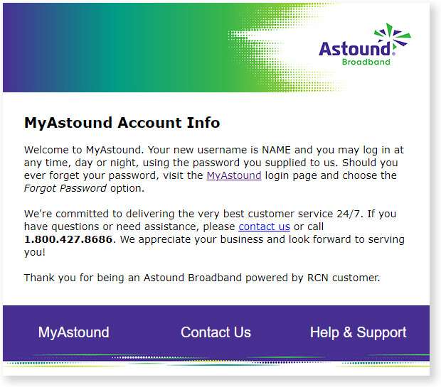 An email from Astound confirms your account details