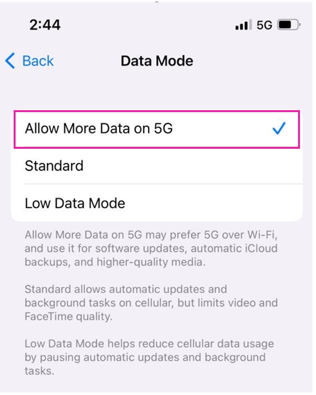 Apple 5G settings: Data mode setting