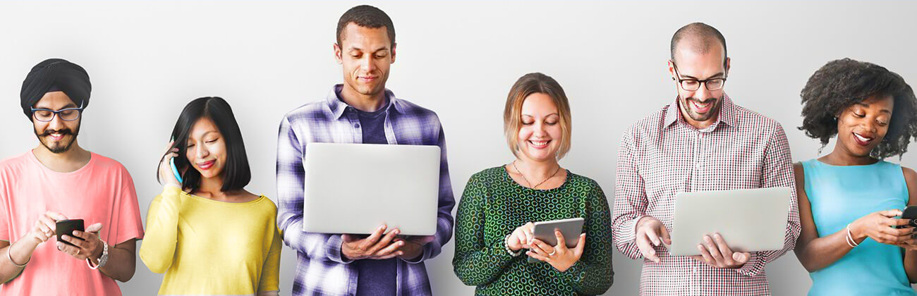 Diverse row of people on devices illustrate one of the advantages of mobile tethering when away from WiFi.