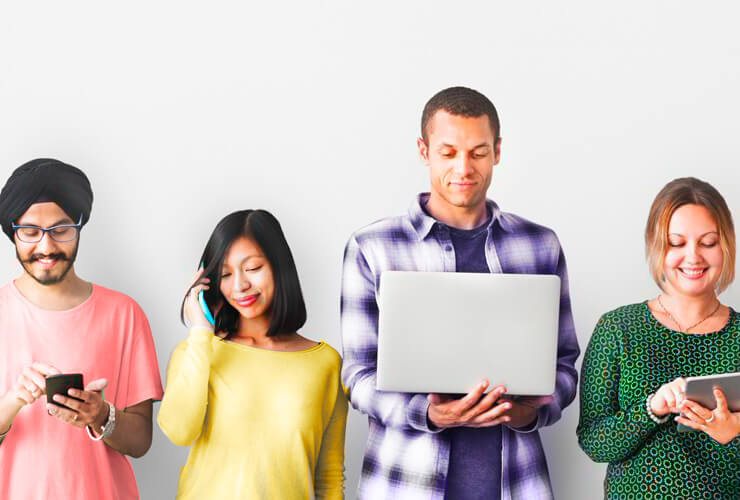 Diverse row of people on devices illustrate one of the advantages of mobile tethering when away from WiFi.