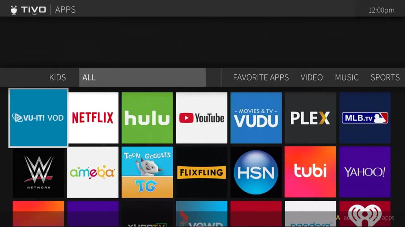 TiVo apps screen