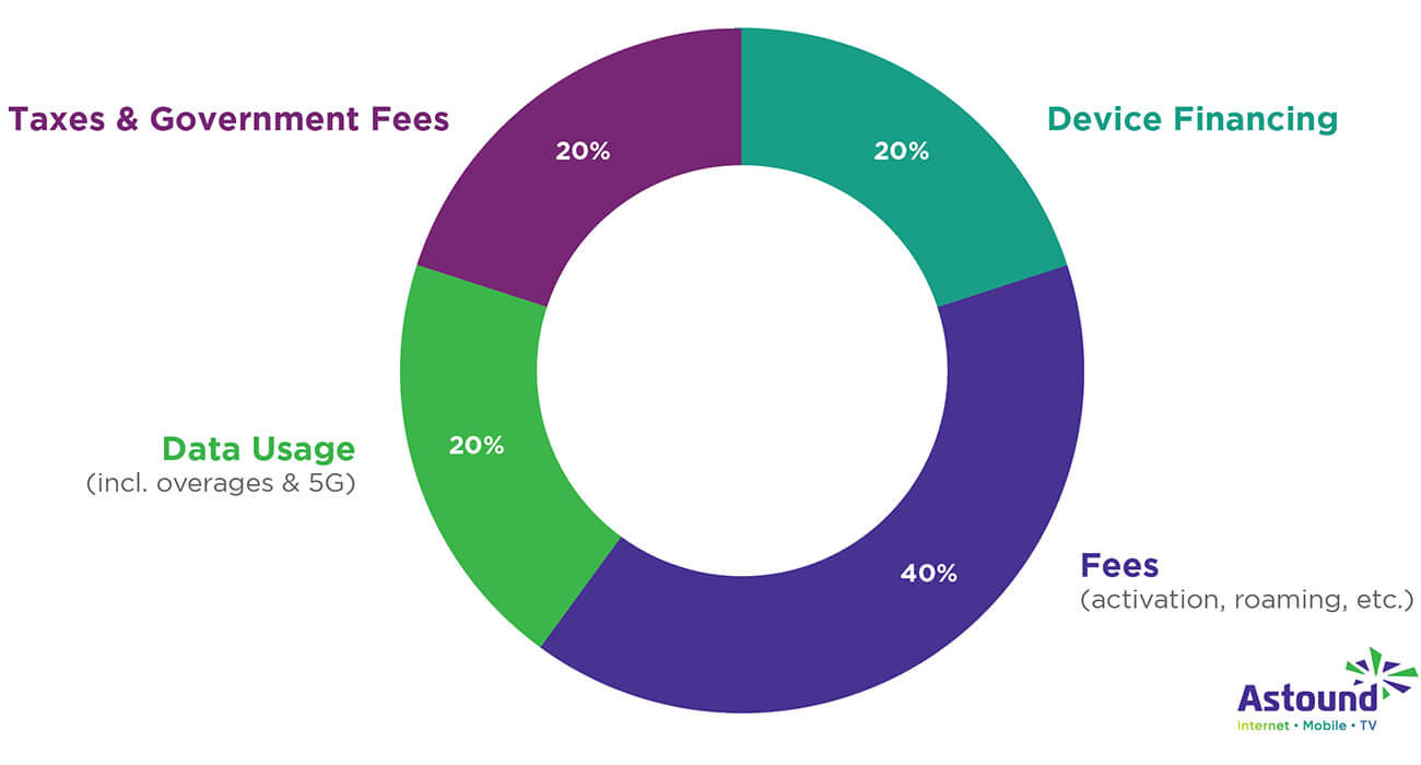 Pie chart showing the breakdown of factors driving the average cell phone bill in 2025: Taxes & Gov fees 20%; Device financing 20%; Fees such as activation and roaming 40%; Data usage including 5G 20%.